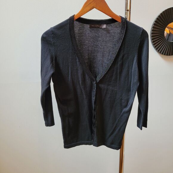 The Limited Blk V Neck Button Up Cardigan Wmns Sz S With Shimmer Trim 3/4 Arm - Picture 1 of 10